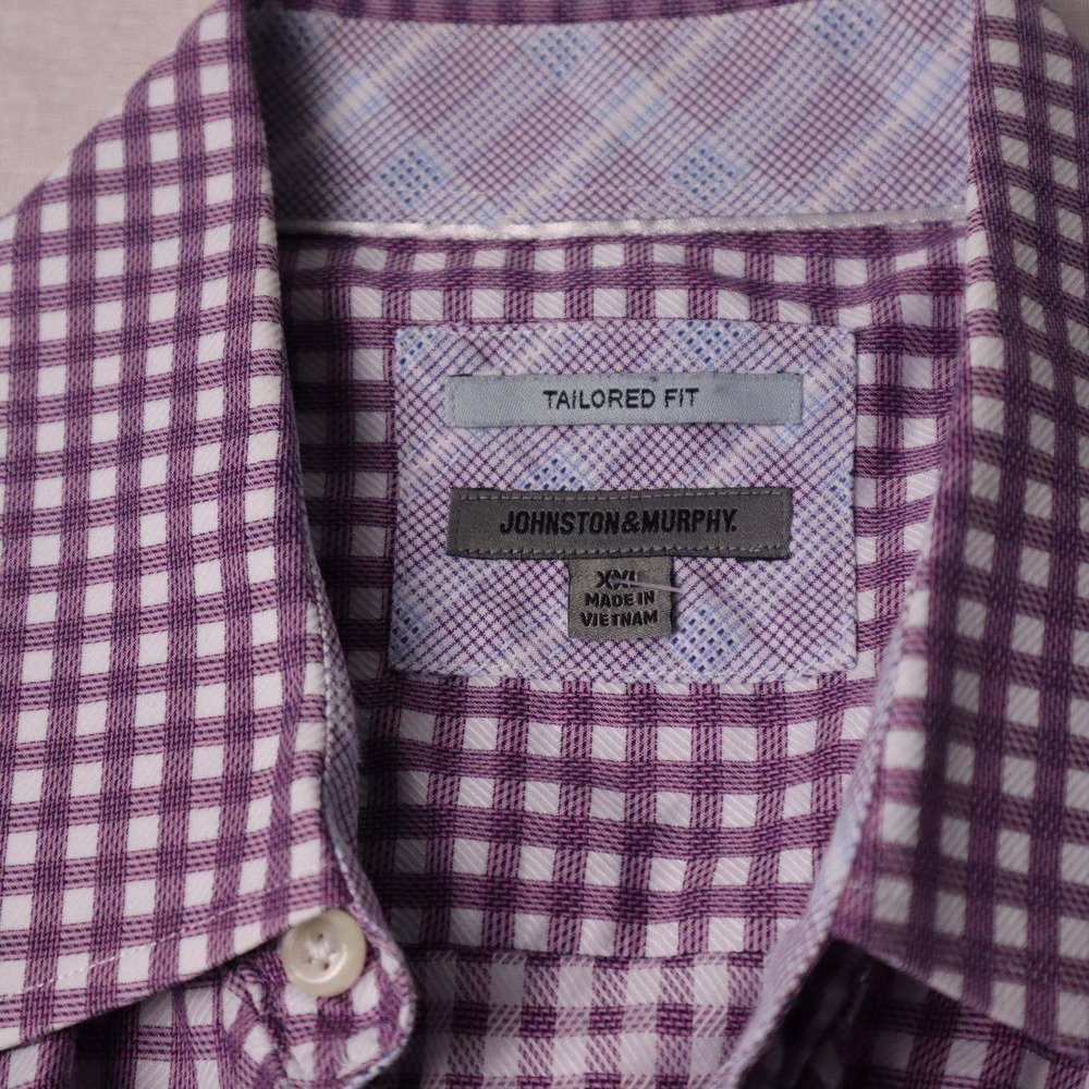 Johnston & Murphy Mens XXL Tailored Fit Purple Gingham Check Button Down Shirt - Picture 2 of 6